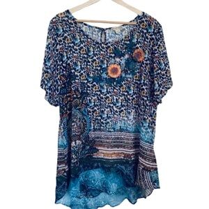 Solitude Boho Mixed Print Tunic - Floral & Leopard Embroidery Size XL